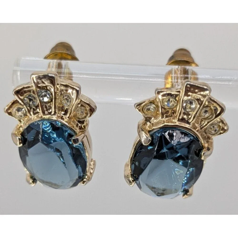 Vintage Blue Glass Stud Earrings Clear Rhinestone Crown Gold Tone Pierced 15mm